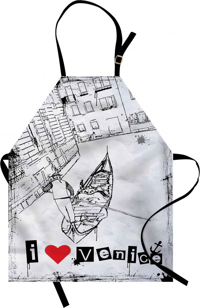 ABAKUHAUS Grunge Kochschürze, Gondel Silhouette am venezianischen Kanal mit Ich Liebe Venedig Frame Illustration, Farbfest Höhenverstellbar Wasch...