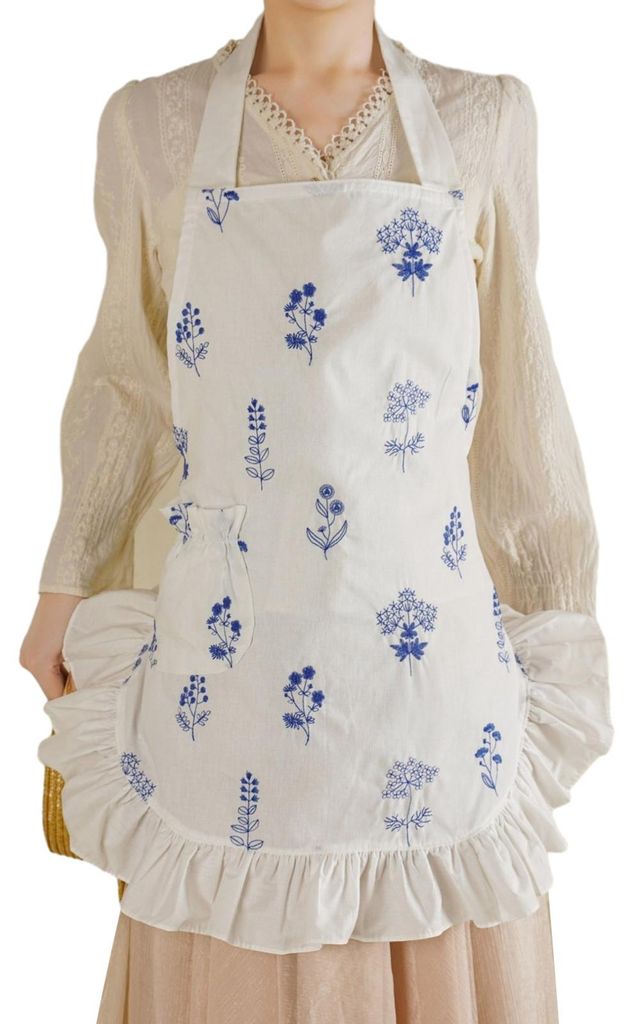 Küchenschürze für Damen mit Taschen und Kapuze, geblümte Baumwollschürze, leichte und atmungsaktive Kochschürze im Vintage-Stil mit Rüschen ...