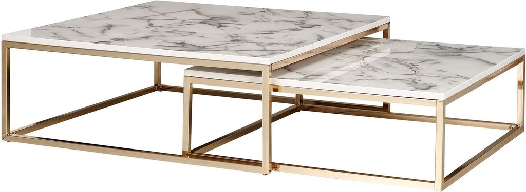 Couchtisch 2er Set Weiß Marmoroptik Eckig Metallgestell Produktbild 