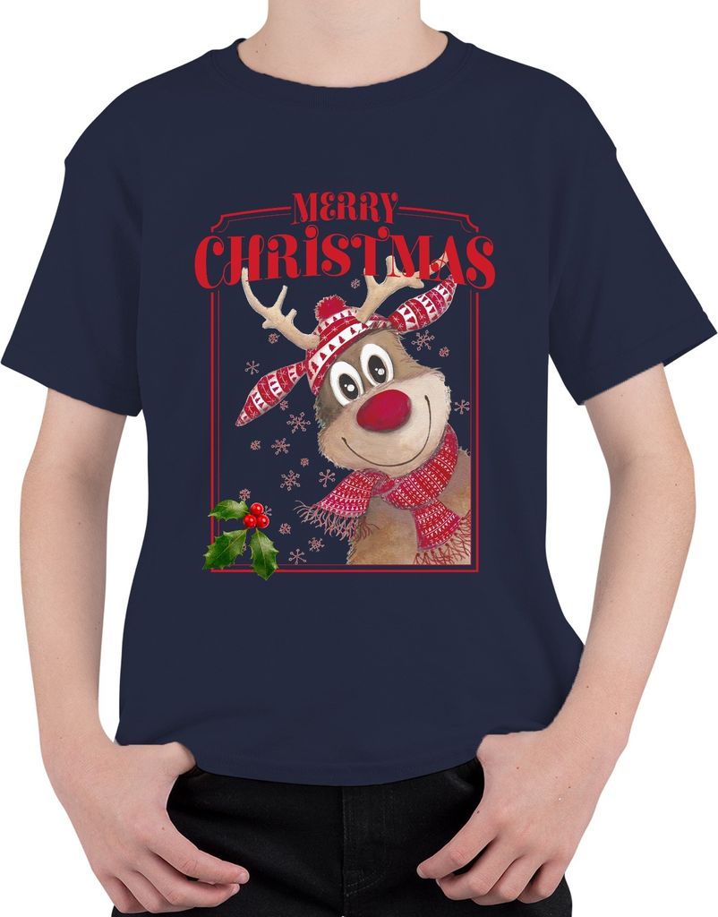 Merry Christmas Rentier Rudolf - Weihnachten Weihnachtsgeschenk Christmas Uni Kinder T-Shirt, Navy, 140