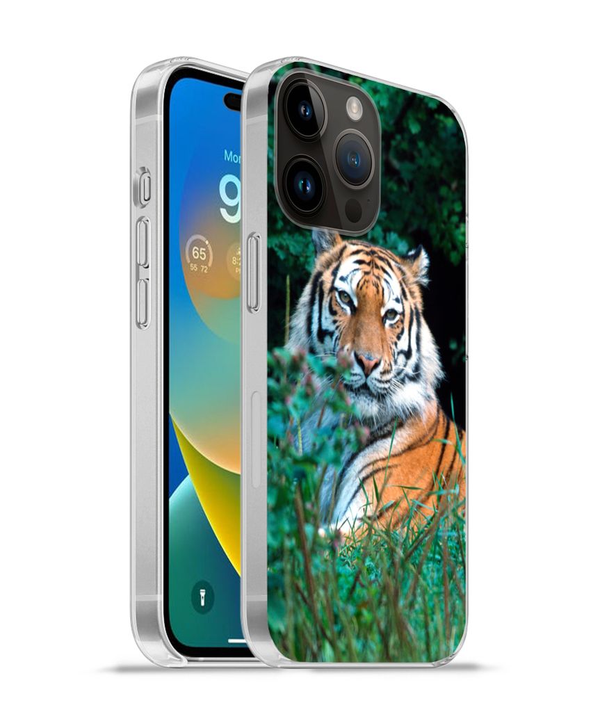 MuchoWow Handyhülle Schutzhülle Hülle für Apple iPhone 14 Pro - Softcase Tiger - Gras - Grün Silikon Softcase Handy Hülle - Umschlag