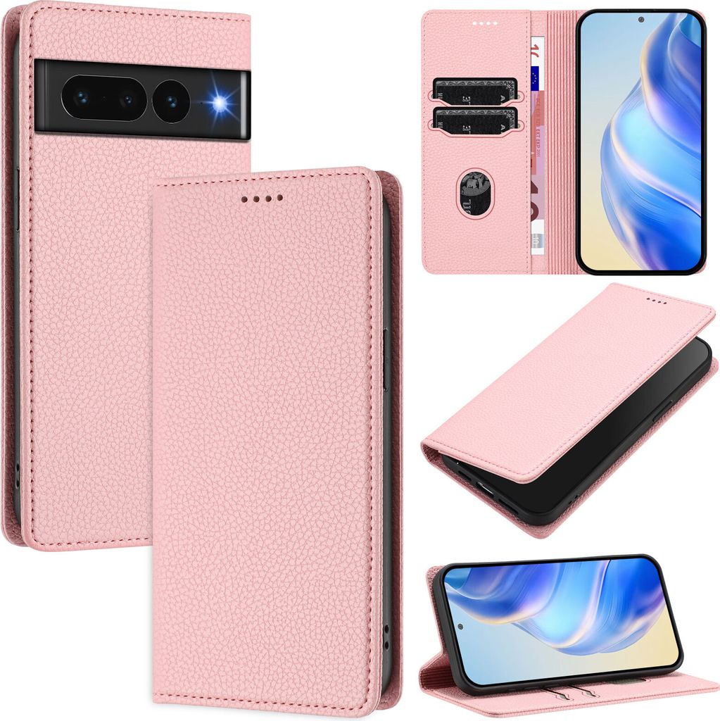 Litchi Leder Handyhülle für Google Pixel 7 Pro Wallet Kartenfächer Standfunktion Hülle Pink
