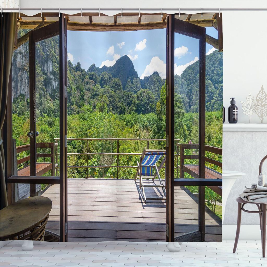 ABAKUHAUS Modern Duschvorhang, Sommer-Vibes Sunny Day im Wald Berg Blumen Foto, 175 x 180 cm, Hellgrün Dunkelgrün