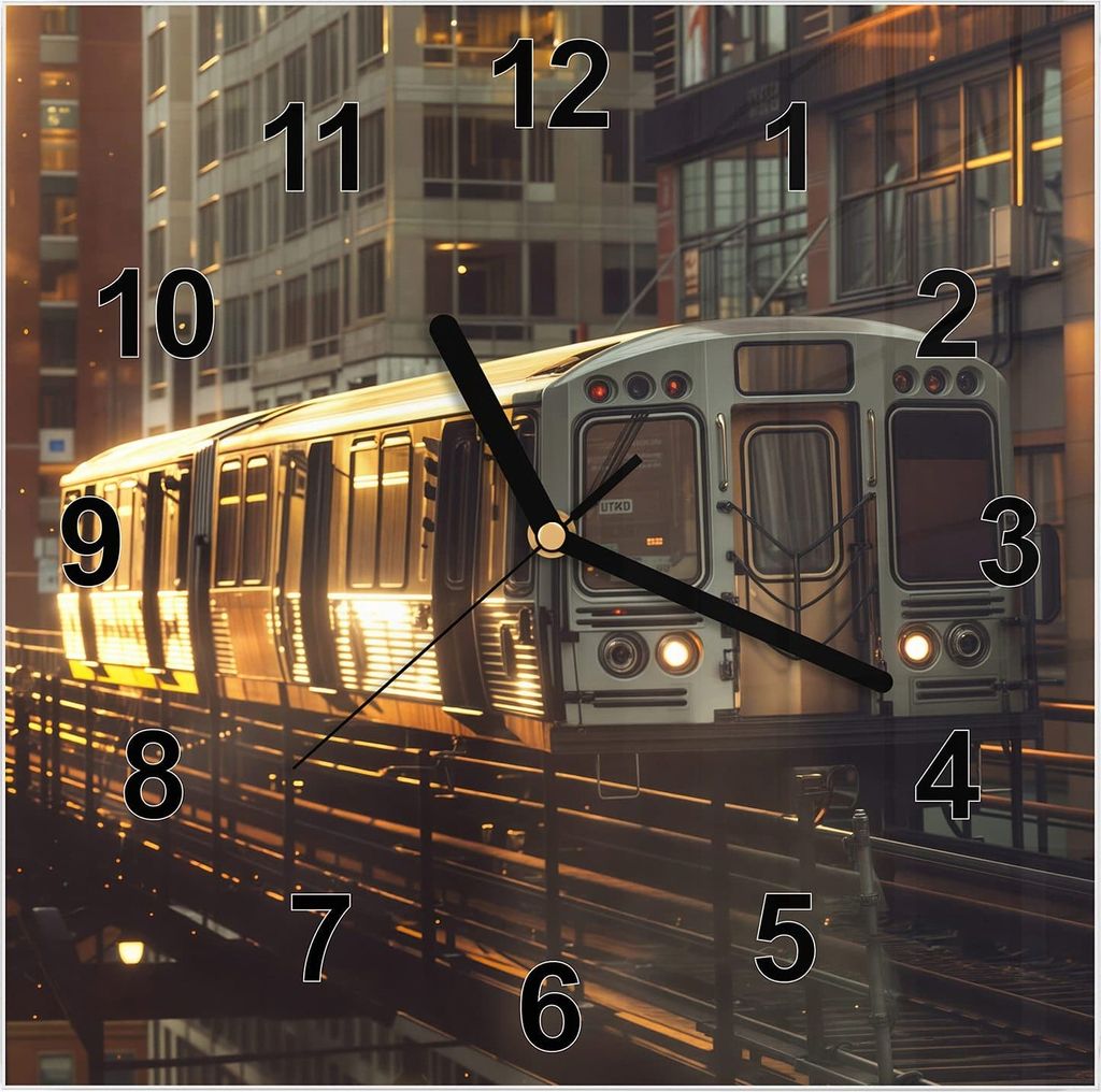 Wanduhr aus Glas mit Motiv Stadtzug Sonnenuntergang- 30 x 30 cm - inkl. Aufhängesystem