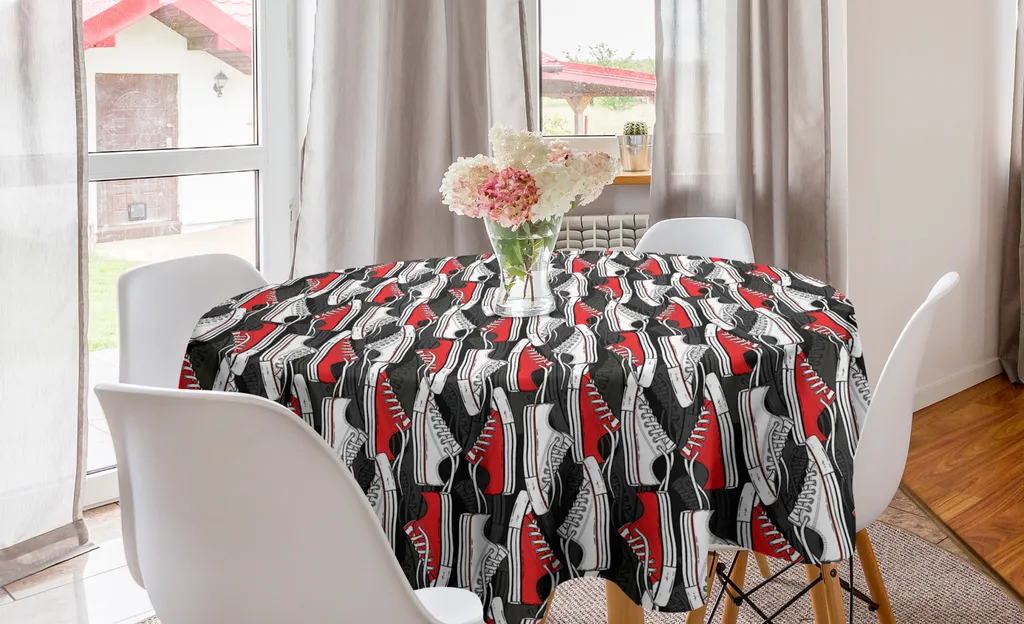 ABAKUHAUS Tovaglia rotonda retrò, stile casual cartoon, tovaglia circolare per sala da pranzo e cucina, 150 cm, bianco vermiglio e grigio