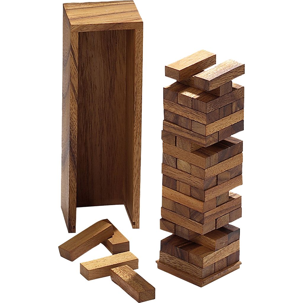 A wooden Jenga-like game with a tower built and some blocks scattered around, next to its wooden storage box.