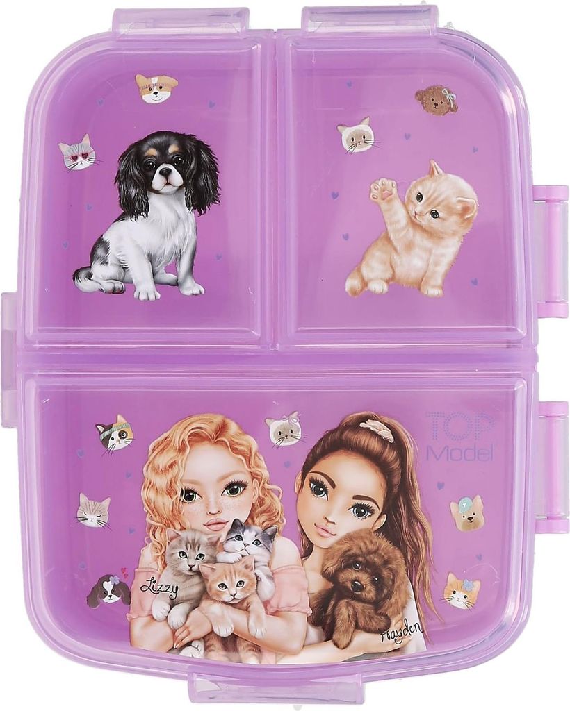 Depesche 13518 TOPModel Kitty and Doggy - Brotdose in Lila, mit Model Motiv, Hunden und Katzen, Lunchbox mit 4 Fächern und Klappdeckel