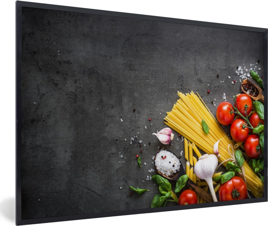 MuchoWow Gerahmtes Poster Nudeln - Kräuter - Tomate - Gewürze - Rustikal 30x20 cm - Poster mit Schwarzem Bilderrahmen Wandposter Rahmen Foto Bi...