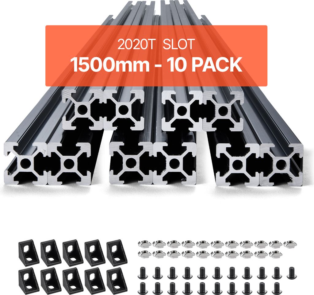 A collection of aluminum extrusions and hardware for construction or DIY projects.