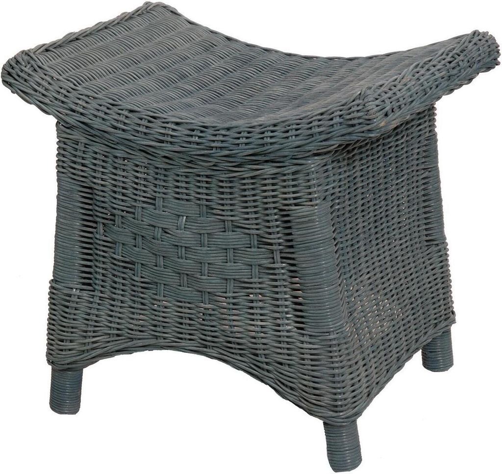 KRINES HOME Fußhocker mit geschwungener Ablage, Stabiler Sitzhocker / Schemel / Hocker aus echtem Rattan (Blau)