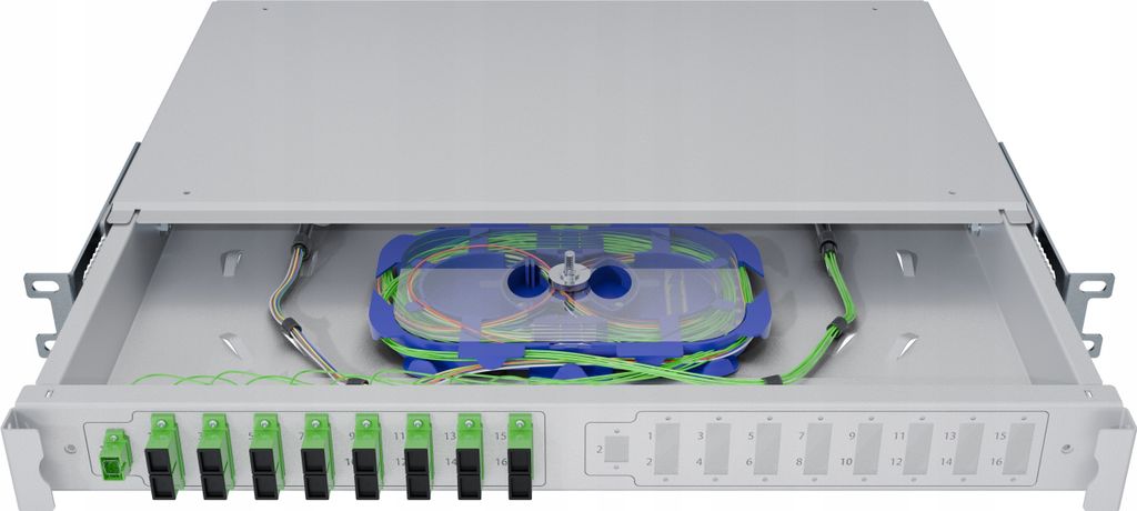 Glasfaser-Switch-Rack 19" 1U 2x1:16 PLC SC/APC Gehäuseschublade