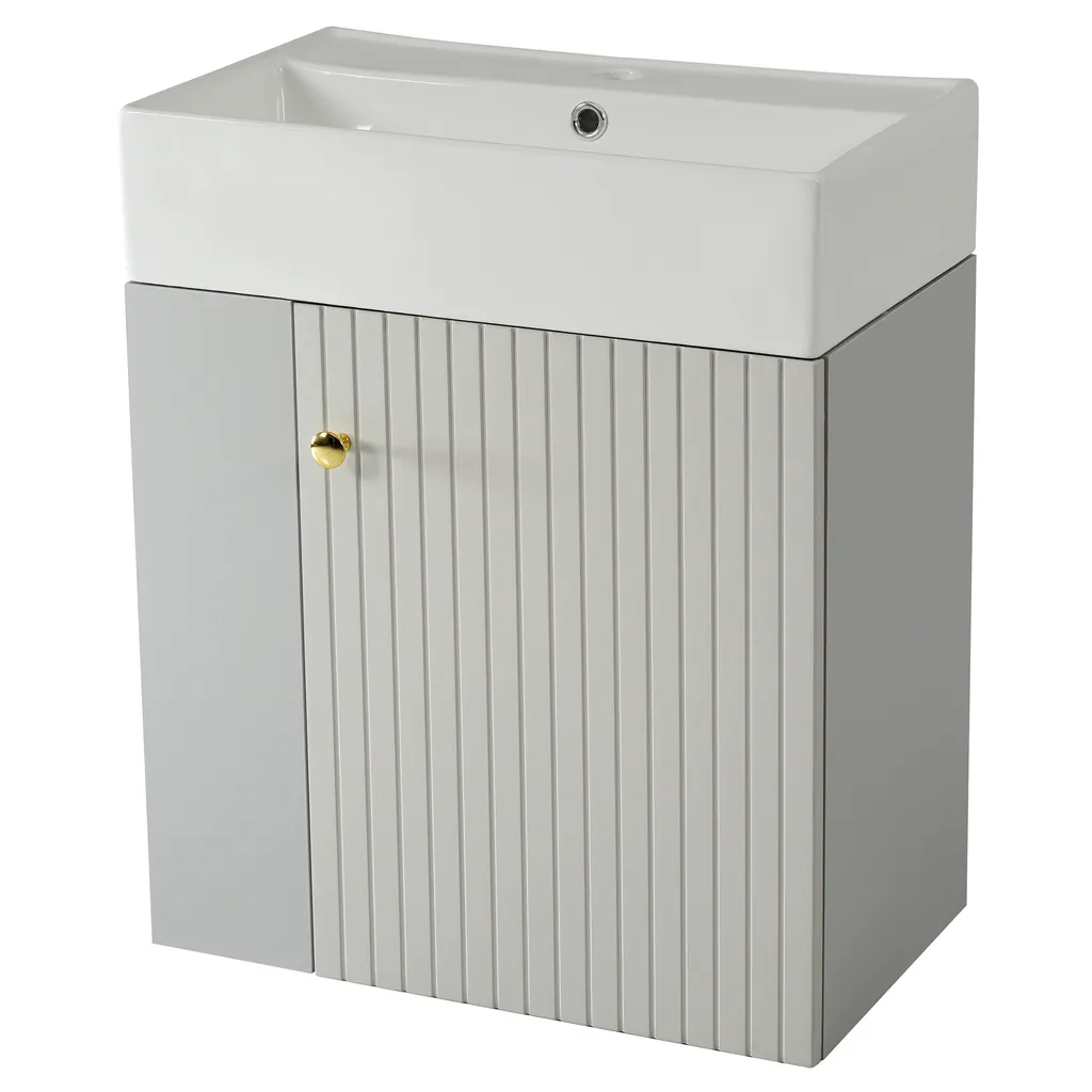 Vasque en céramique sur meuble gris 55 cm avec compartiments ouverts