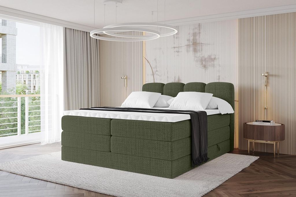 ALTDECOR Boxspringbett - NINA KING - 180x200 Grün Aragon- Komplett-Set mit H3 und H4 Matratzen und Topper, Polsterbett mit Bettkästen, Lattenrost...
