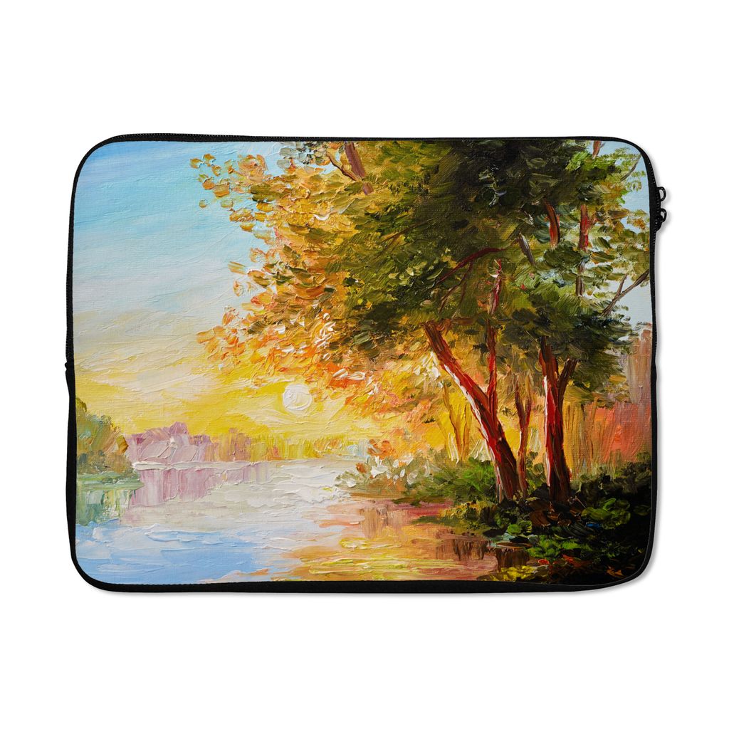 MuchoWow Laptop Hülle 17 Zoll Laptoptasche Natur - Malerei - Baum - Wasser - Zipper - Schutzabdeckung
