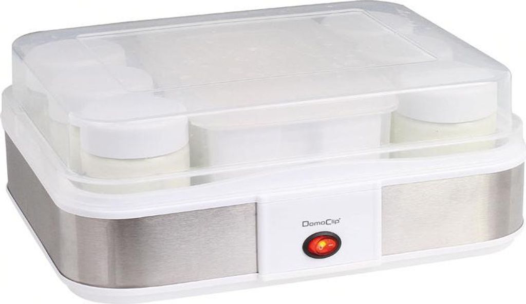 A yogurt maker with multiple jars inside, shown from a slightly elevated front-diagonal angle.
