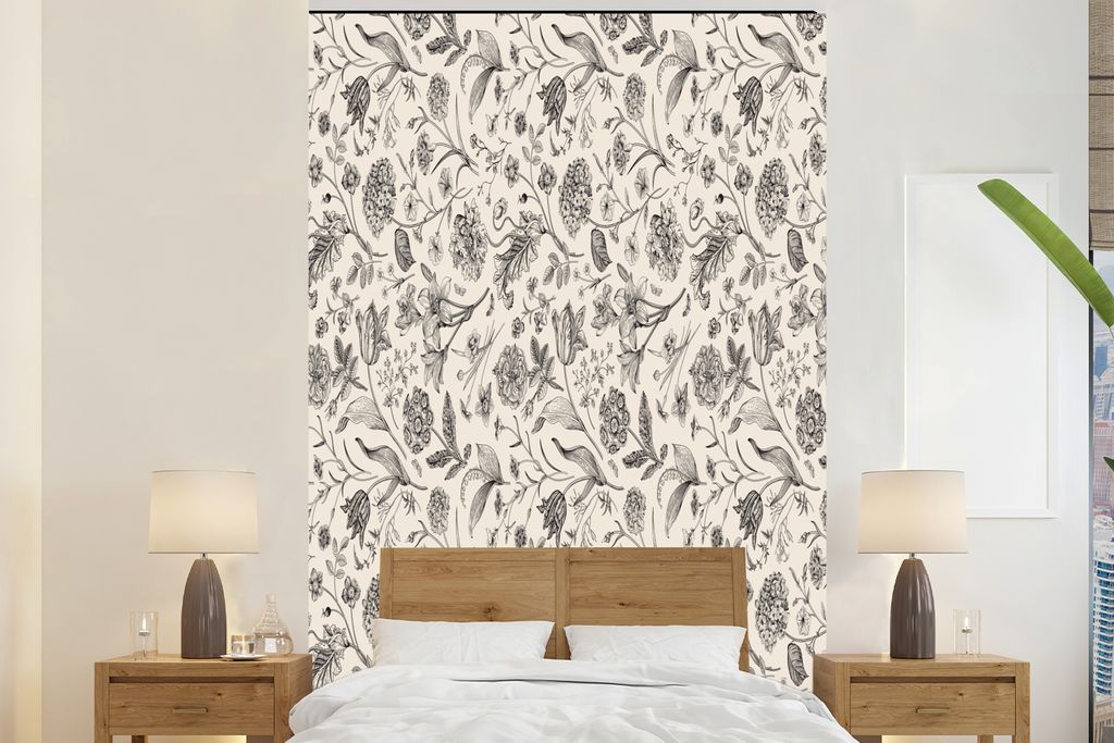 MuchoWow Fototapete für Wohnzimmer oder Schlafzimmer Wandtapete Vinyl Motivtapete Blumen - Schwarz - Weiß - Blätter - 170x260 cm - Wohnzimmert...