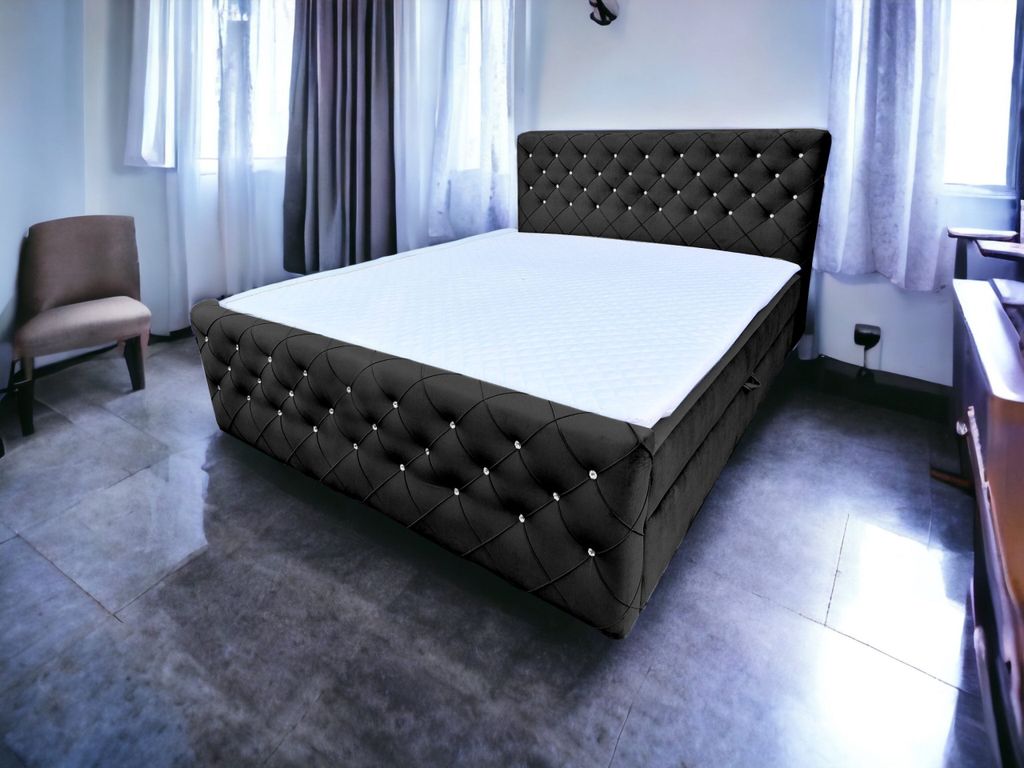 Boxspringbett mit Kristallen CARMEN II 180 x 200 cm Amor Velvet 22 Schwarz Bett zwei Bettkästen und H2 Matratze,Komplett-Set mit Matratze und Topper