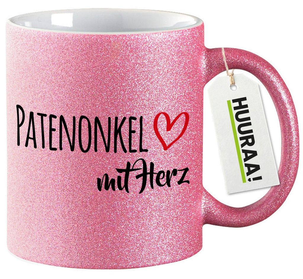 Huuraa Glitzertasse Patenonkel mit Herz 330ml Pink Keramik Kaffeebecher Geschenkidee