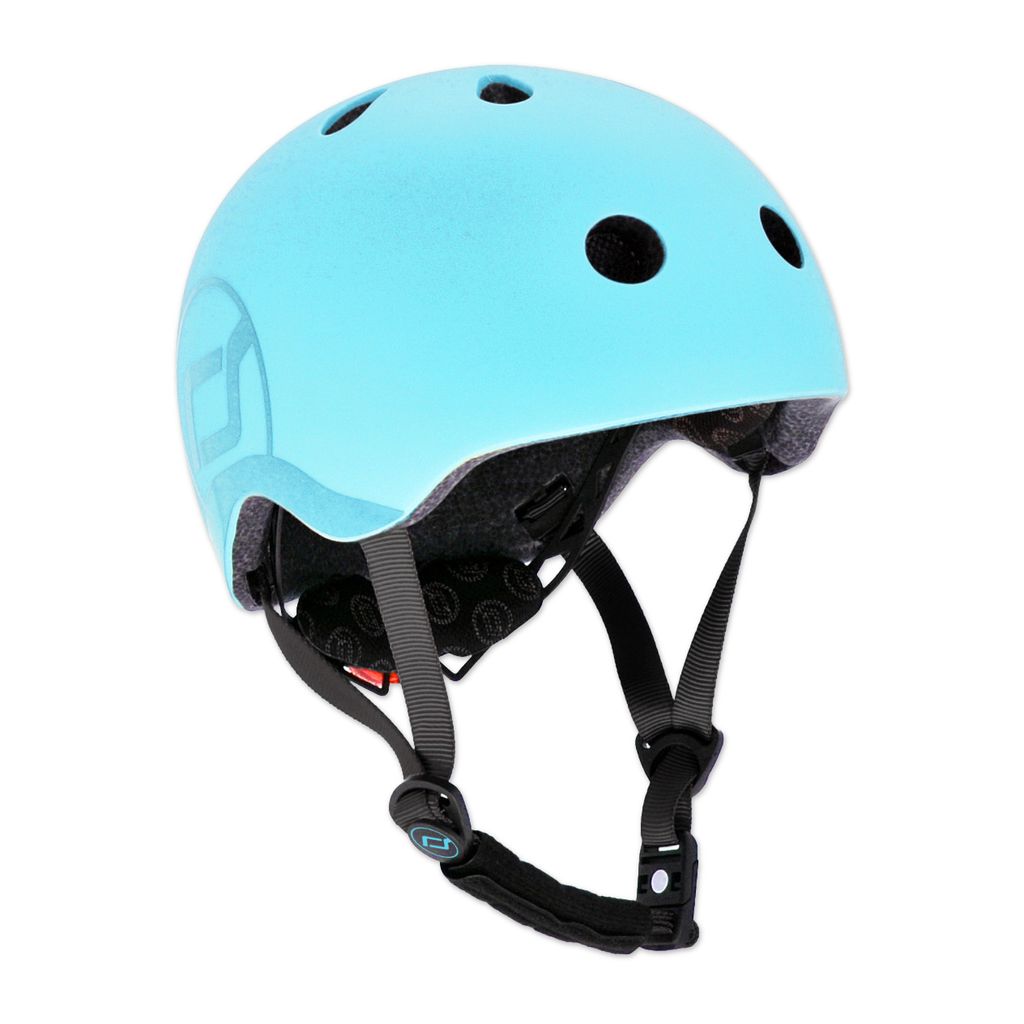 A light blue helmet with black straps and vents, isolated on a white background.