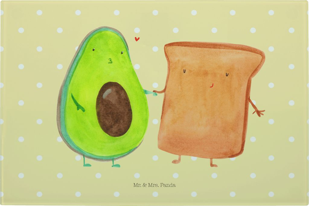 Mr. & Mrs. Panda Hackbrett Avocado Toast - Gelb Pastell - Geschenk, Verlobt, Glasplatte Schneidebrett, Liebe, Glasbrett, Glasschneidebrett, schneid...