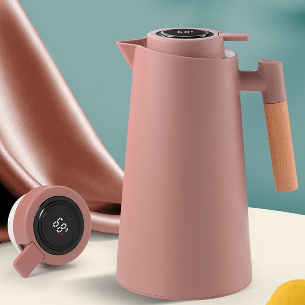 Thermoskanne 1L Isolierkanne mit Temperaturanzeige und Edlem Holzgriff Thermo Kaffeekanne langer Thermoeeffekt Kaffee