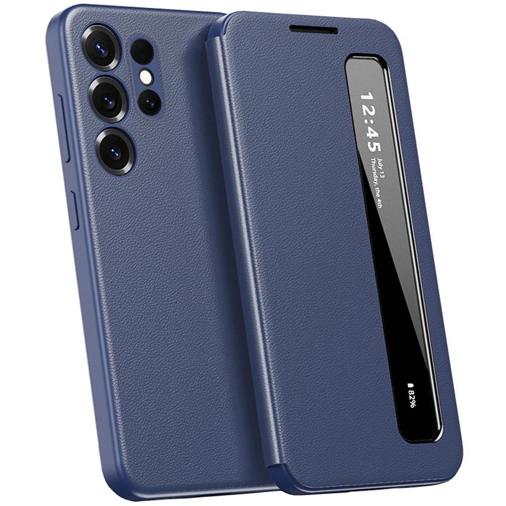 Kunstleder Hülle für Samsung Galaxy S25 Ultra, Intelligentes Handyhülle mit Smart Side Window Blau