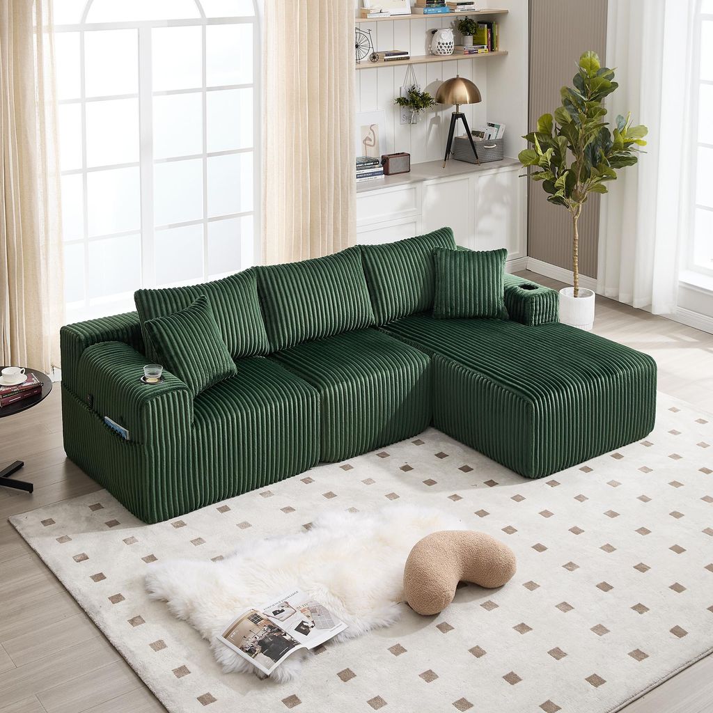 Modulares Sofa Set mit Chaiselongue & 2-Sitzer, weicher Cordbezug, mit 5 Kissen, seitliche Taschen & Getränkehalter, hochdichter Schaumstoff, DIY-...