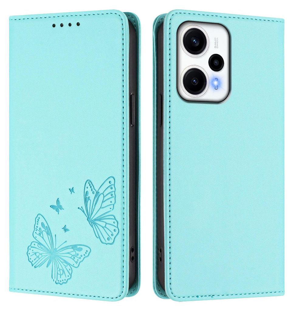 Lederhülle für Xiaomi Poco F5/Redmi Note 12 Turbo 5G, Schmetterling Prägung Leder Brieftasche Schutzhülle mit Ständer Türkis