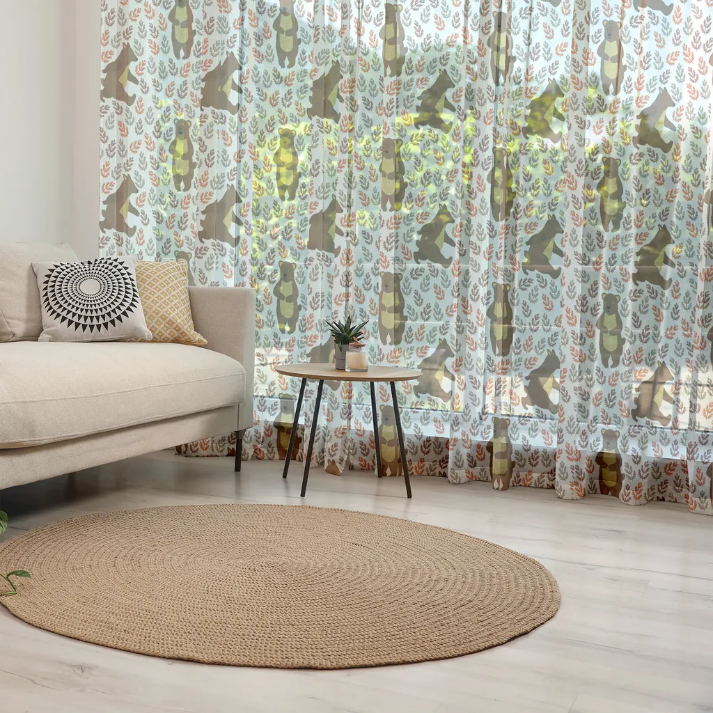 ABAKUHAUS Arazzo con orso, illustrazione ripetitiva di simpatici animali della foresta in stile cartone animato, telo da parete in raso setoso per soggiorno e camera da letto, 135 cm x 274 cm, cioccolato multicolore - 2