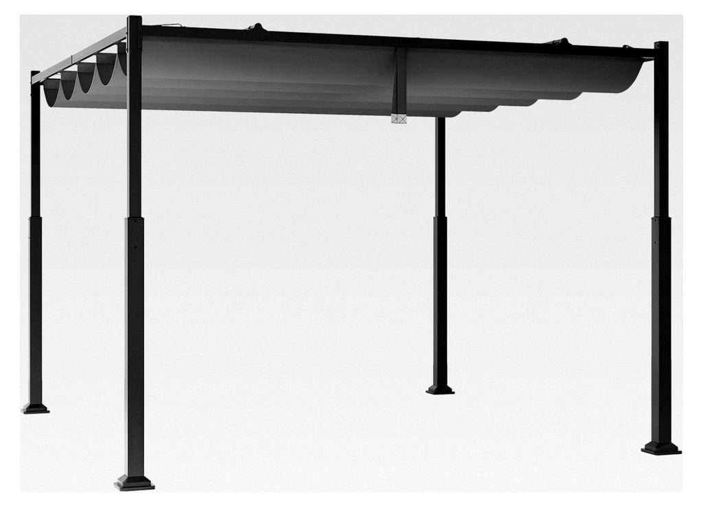 Pergola mit Ausziehbarem Vordach, Pavillon aus Wetterfestem Stoff und Metallpfeilern, Langlebig, Sonnensicher, 3,1 x 3,1 m, Grau + Schwarz