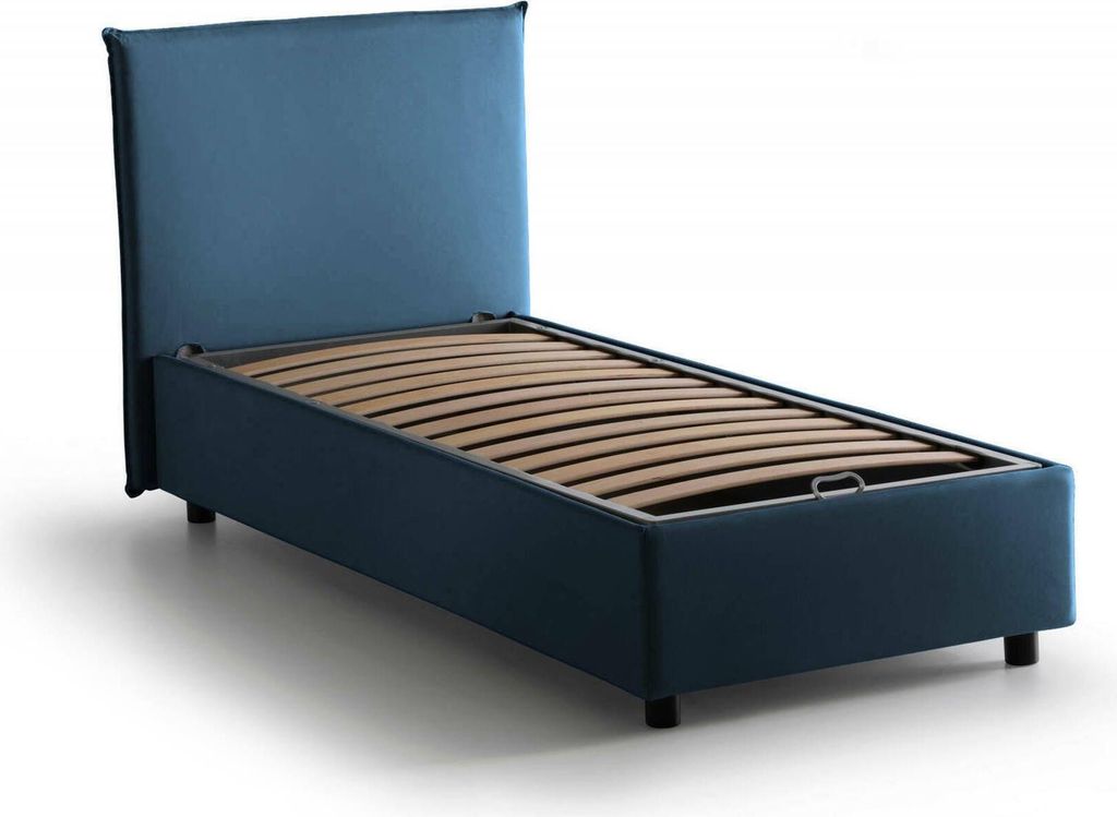 Einzelbett Chelsea, Containerbett mit Stoffbespannung, 100% Italy, Frontöffnung, passend für Matratze Cm 90x190, Blau