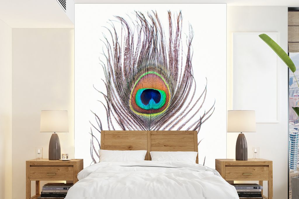 MuchoWow Fototapete für Wohnzimmer oder Schlafzimmer Wandtapete Vinyl Motivtapete Pfauenfedern - Blau - Feder - Pfau - Tiere - 195x260 cm - Wand...