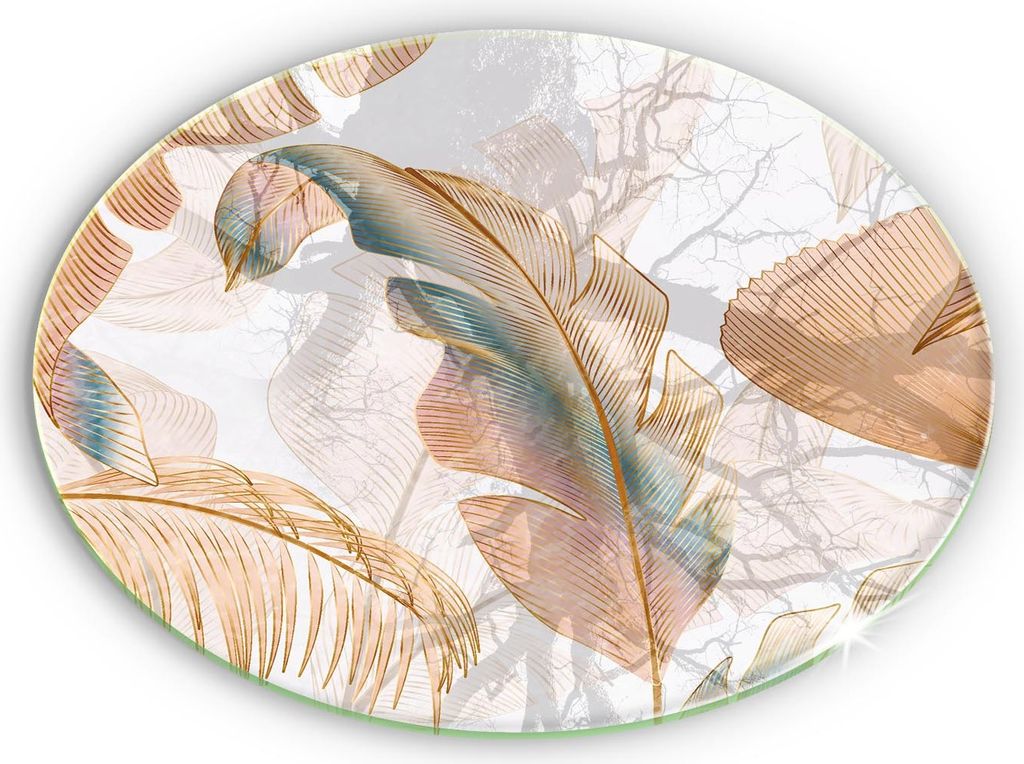 Glasplatte für Grabkerzen Gummifüße Glas Motiv - 40 cm - Boho-Federn und Blätter