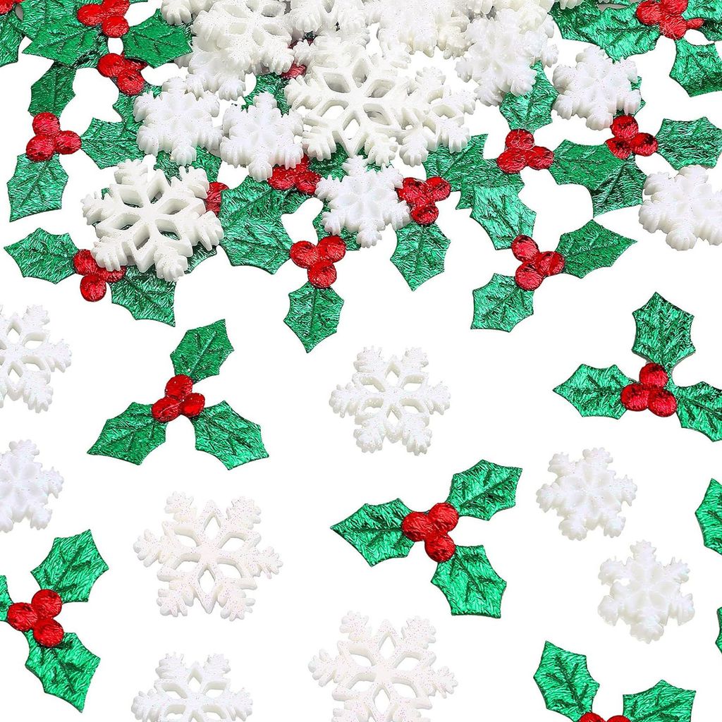 50 Stück kleine Schneeflocken-Dekorationen aus Kunstharz, 100 Stück Anhänger mit Stechpalmenblättern und -beeren, schneeförmige Ornamente, Kon...