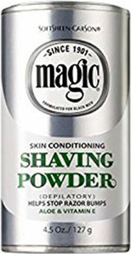A silver can of Magic Shaving Powder.