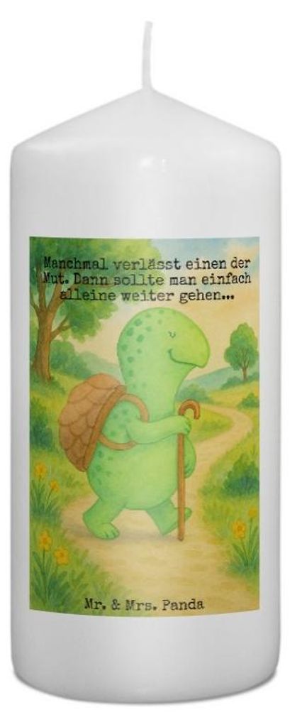Mr. & Mrs. Panda Kerze Schildkröte Wanderer Design 15 x 7 cm - Weiß - Geschenk, Erinnerungslicht, mutig, Schildkröten, Stumpenkerze, Rucksack, E...