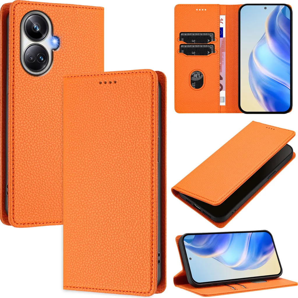 Cover Elegante Realme 10 Pro+ in Pelle Arancione con Slot Carte e Stand - 1