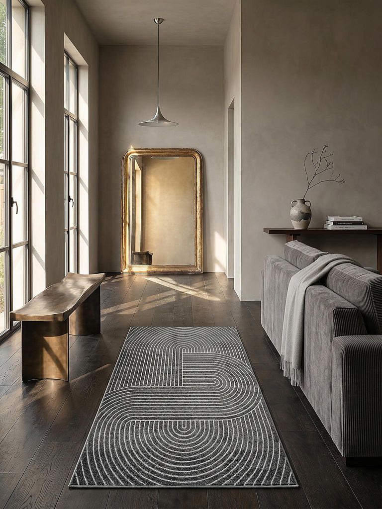Teppich Anthrazit Läufer im modernen Wohnzimmer_#sku_SAF57622-SAF57623#