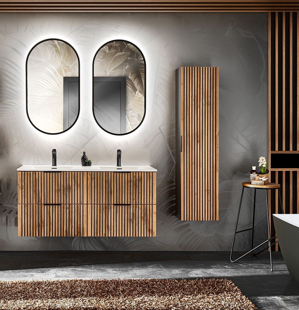 Design Badmöbel Set XILO 120 cm mit Doppelwaschbecken LED Soft-Close Waschtisch Spiegel Hochschrank