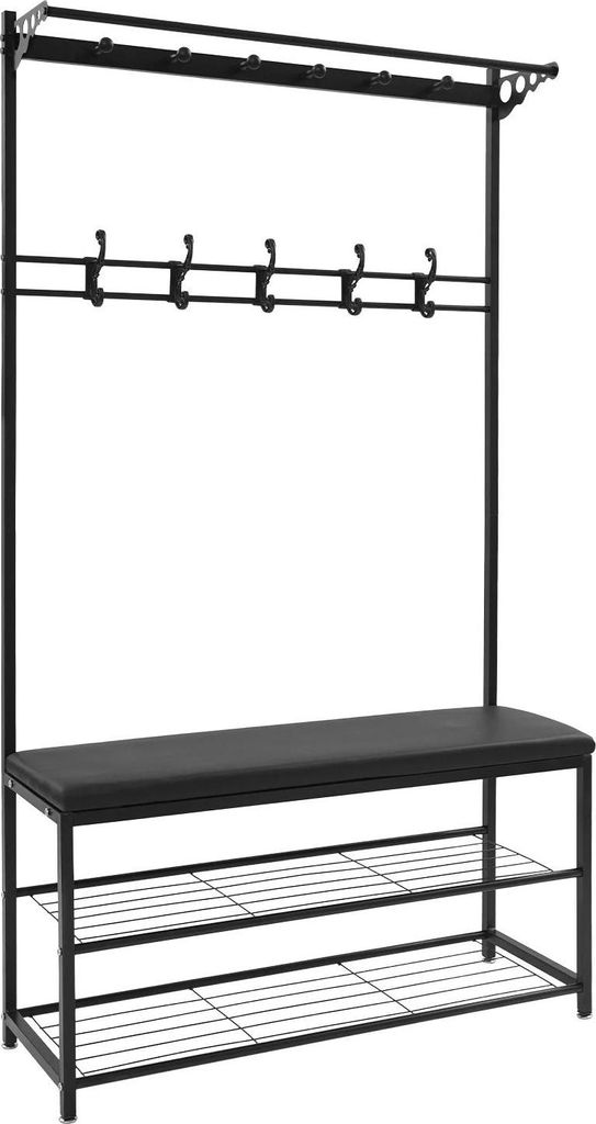 Flurmöbel - Garderobe mit Schuhbank - Bank 100 cm, 2 Ablagen, Sitzhöhe 50 cm, Tragkraft 100 kg, Freistehend, Maße 100×33×170 cm - Schwarz