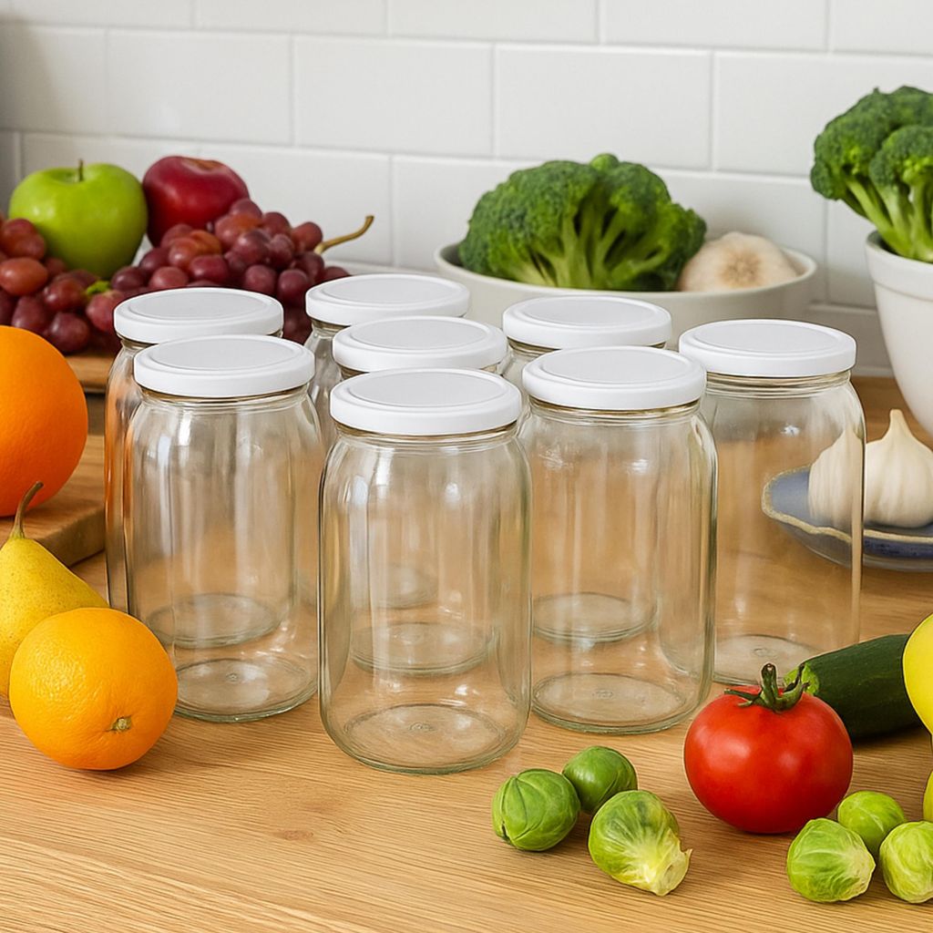 MIKONI 8 Stück Einweckgläser 900 ml mit Weiß Deckel, Einmachgläser, Vorratsgläser, Einmachglas, Marmeladengläser