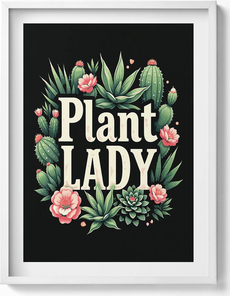 Aufschrift „Plant Lady“ für Pflanzenliebhaber– Wandbild mit Rahmen – Gerahmtes Bild – Wanddekoration – 60x80 cm – Weiß Rahmen