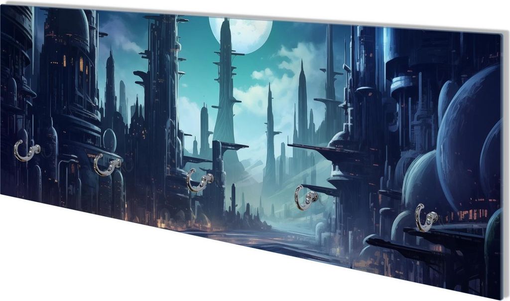 Wallario Flurgarderobe Wandgarderobe aus Glas, mit 5 Haken, Größe 80 x 30 cm, Motiv Mondnacht in der Zukunft