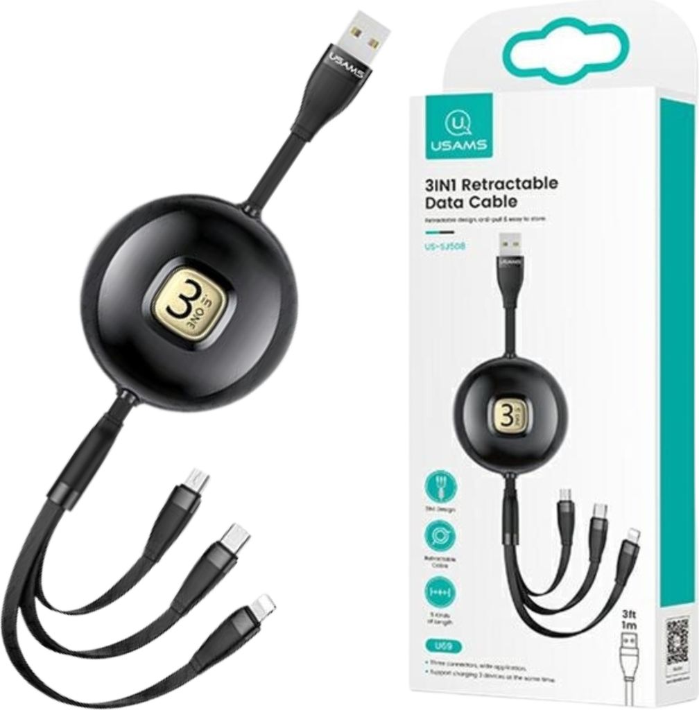 Usams Kabel U69 3W1 1M Czarny/Schwarz (Lightning/Microusb/Usb-C) Sj508Usb01 (Us-Sj508)