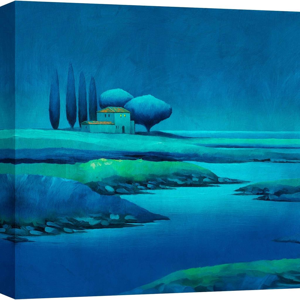 Zeitgenössisches Landschaftsbild – Leinwanddruck – Stefano Renaldi – Das Haus am Fluss – 40 x 40 cm