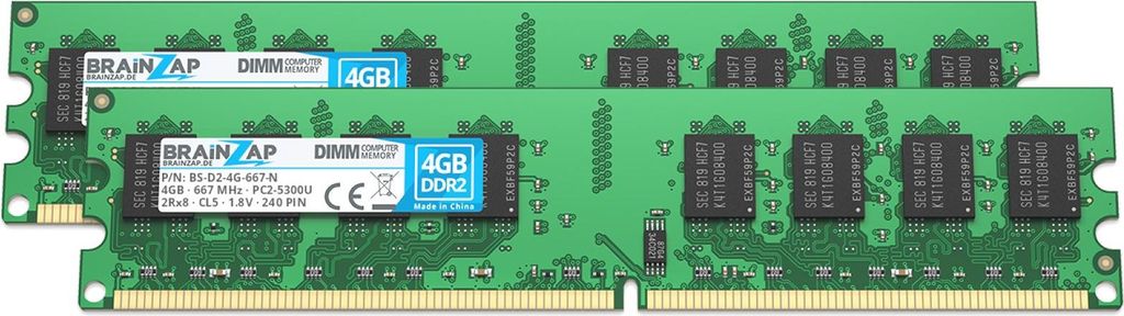 BRAINZAP 8GB DDR2 RAM DIMM PC2-5300U 2Rx8 667 MHz 1.8V CL5 Computer PC Arbeitsspeicher (2x 4GB)