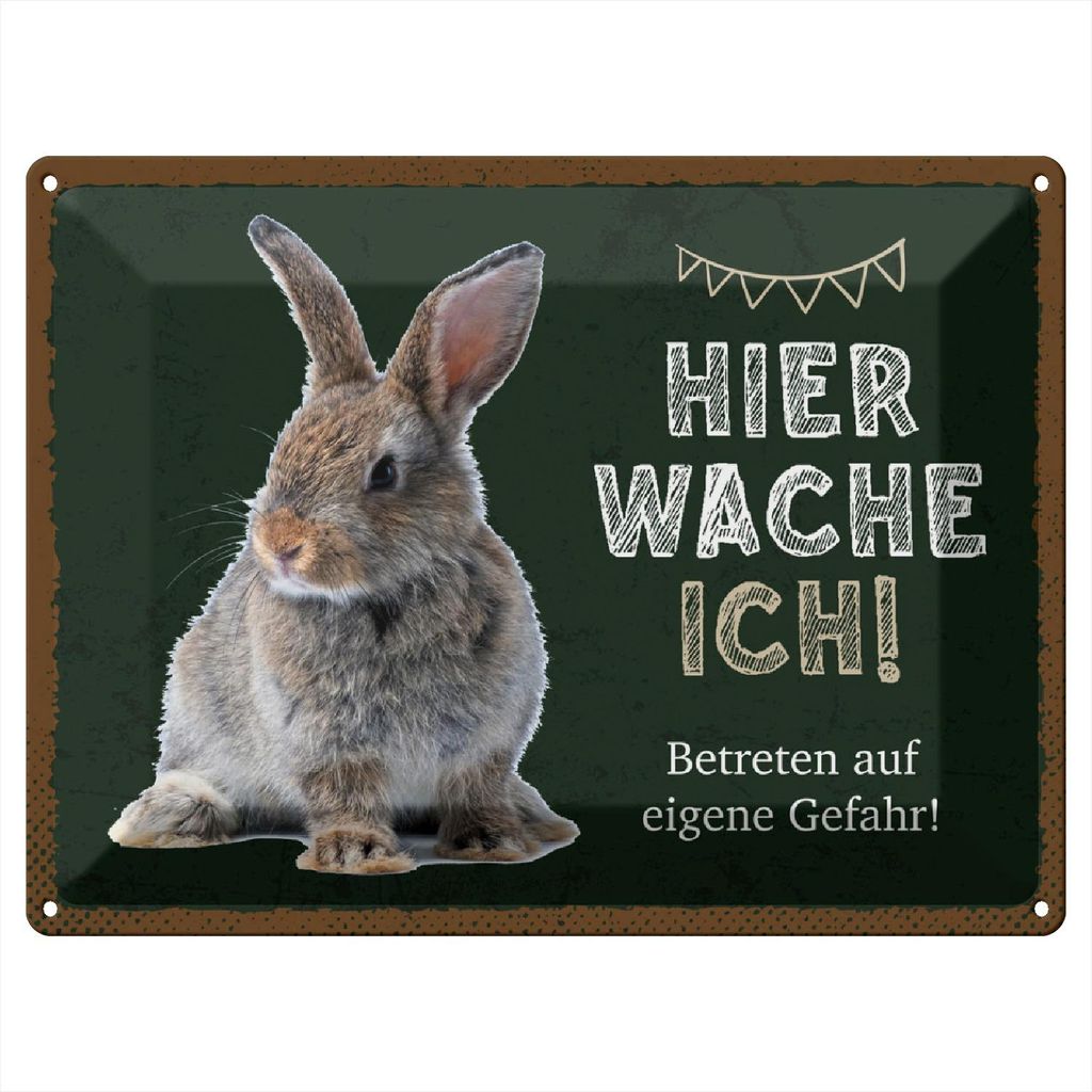 Blechschild Wandbild in : Brillante Farben, Größe 30 x 40 cm Motiv Blechschild Spruch 40x30cm Kaninchen hier wache eigene Gefahr