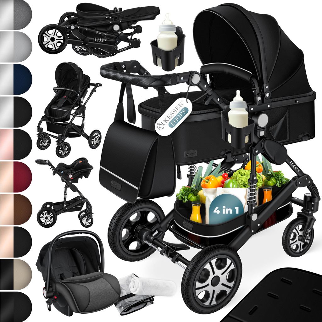 A collage of different components and color options for a KESSER® Loops Kinderwagen 4 in 1 Kombikinderwagen.