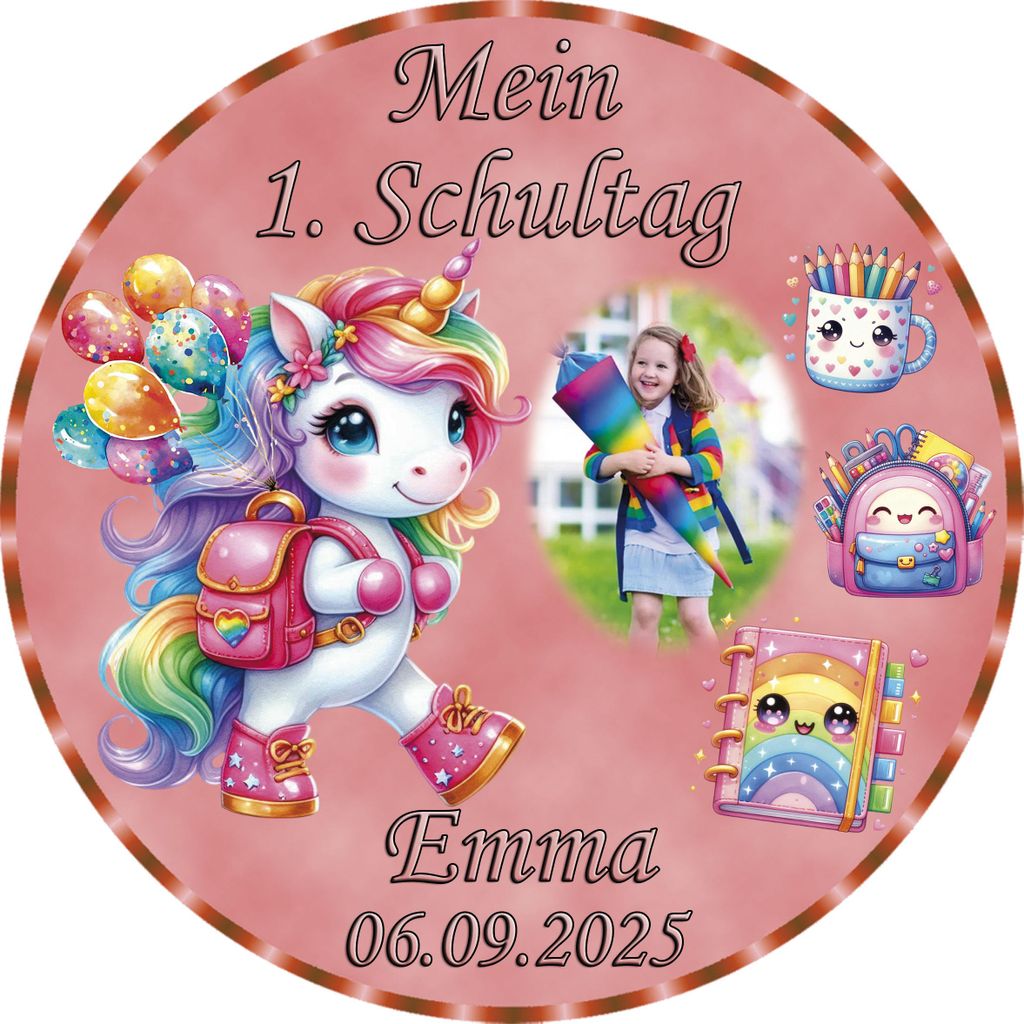 Tortenaufleger Tortendeko Fototorte Tortenbild Einhorn Regenbogen Einschulung Schulanfang 1. Schultag Schuleinführung SE06 (Zuckerpapier) Rund 14 ...