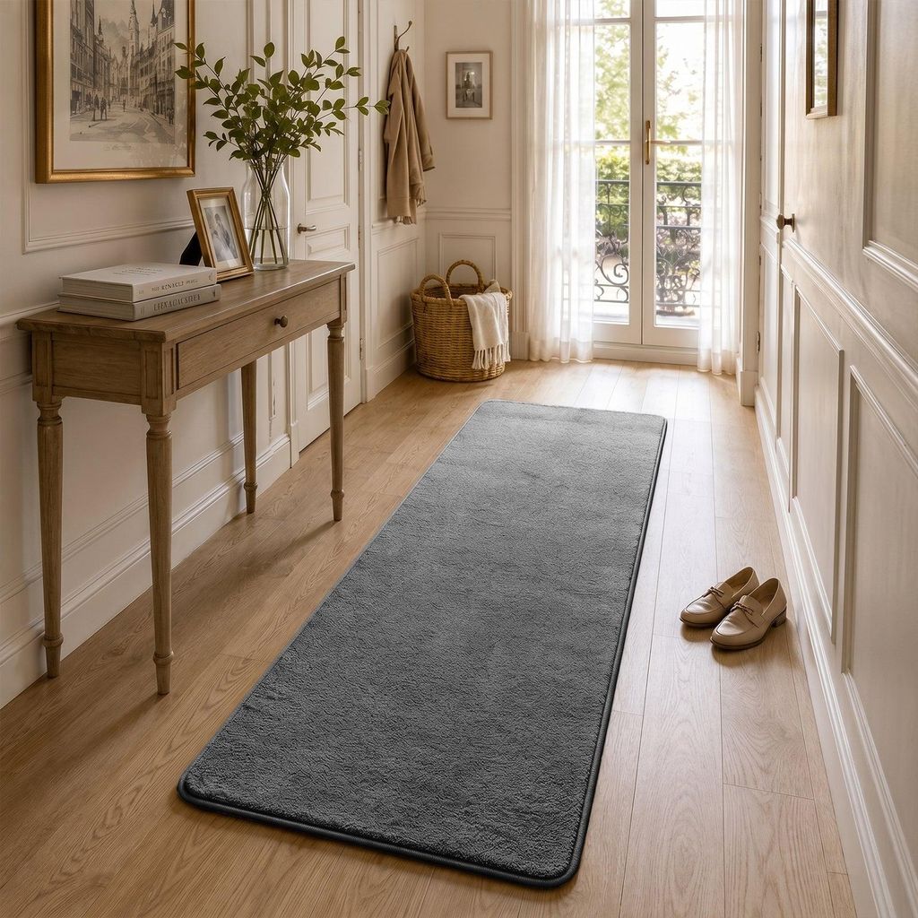 VOUNOT Weicher Kurzflor Teppich Wohnzimmer mit Antirutschmatte 60x180 cm Anthrazit